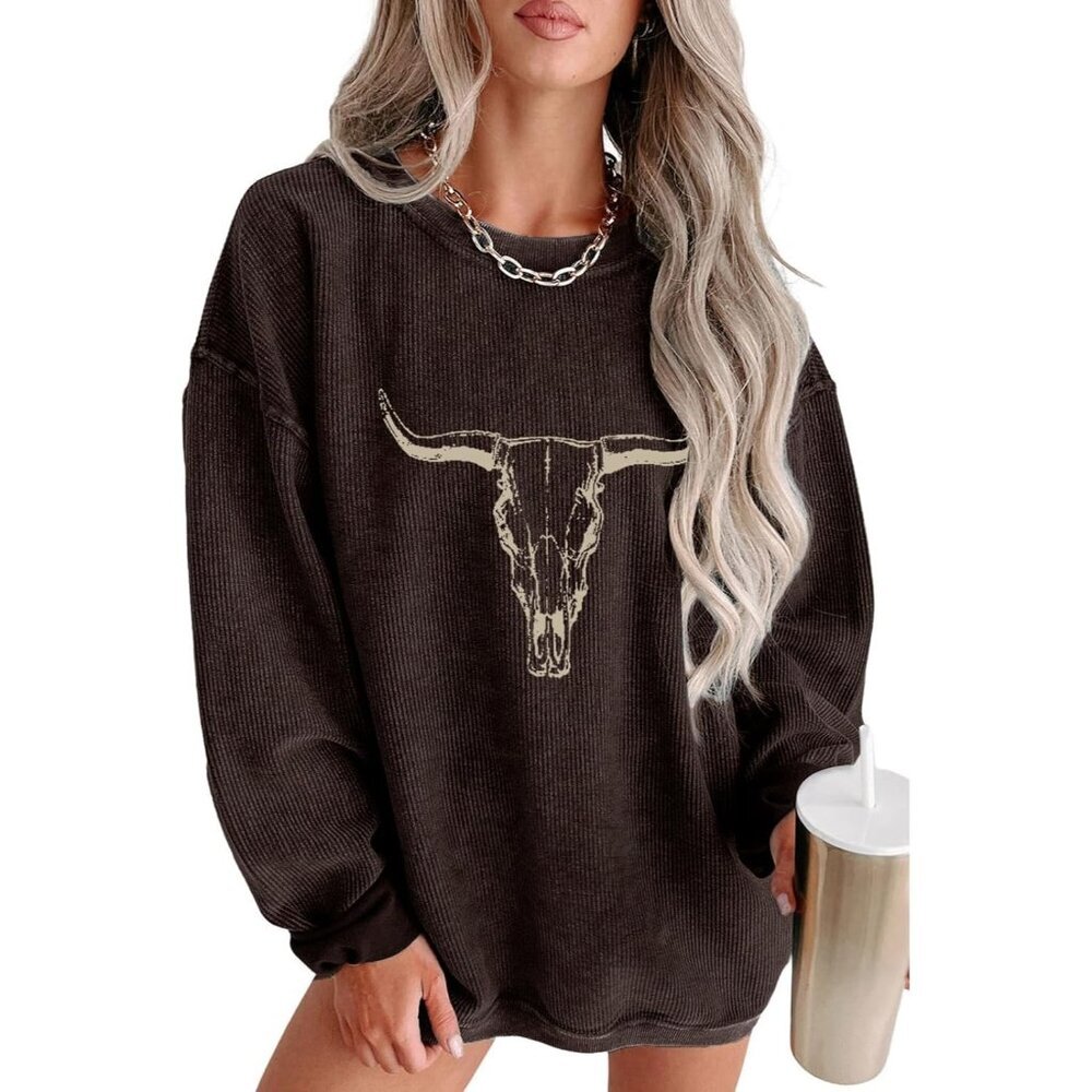 Women's Brown Cow Skull Rodeo Western Country Nashville Graphic Pullover Tops - Picture 1 of 6